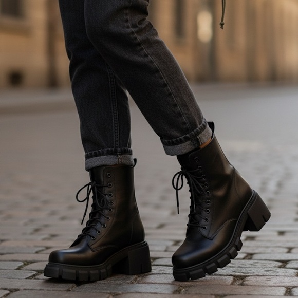 NWT!! Lace Up Combat Boot w/ Chunky Heel - Picture 1 of 6